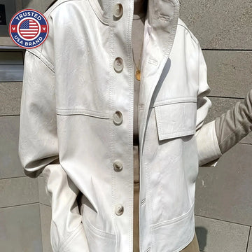 Women's button-front faux leather winter bomber jacket in Cream