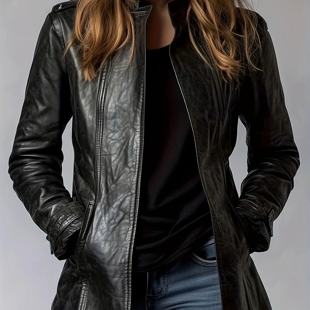 Women's motorcycle faux leather winter jacket in Burgundy
