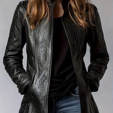 Women's motorcycle faux leather winter jacket in Burgundy