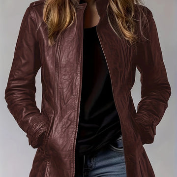 Women's motorcycle faux leather winter jacket in Burgundy