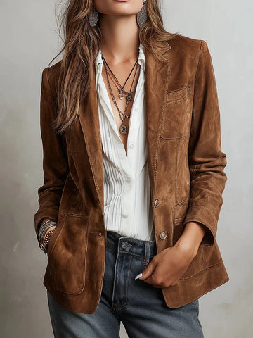 Women's Faux Suede Blazer Tailored Fit Button Front - Brown