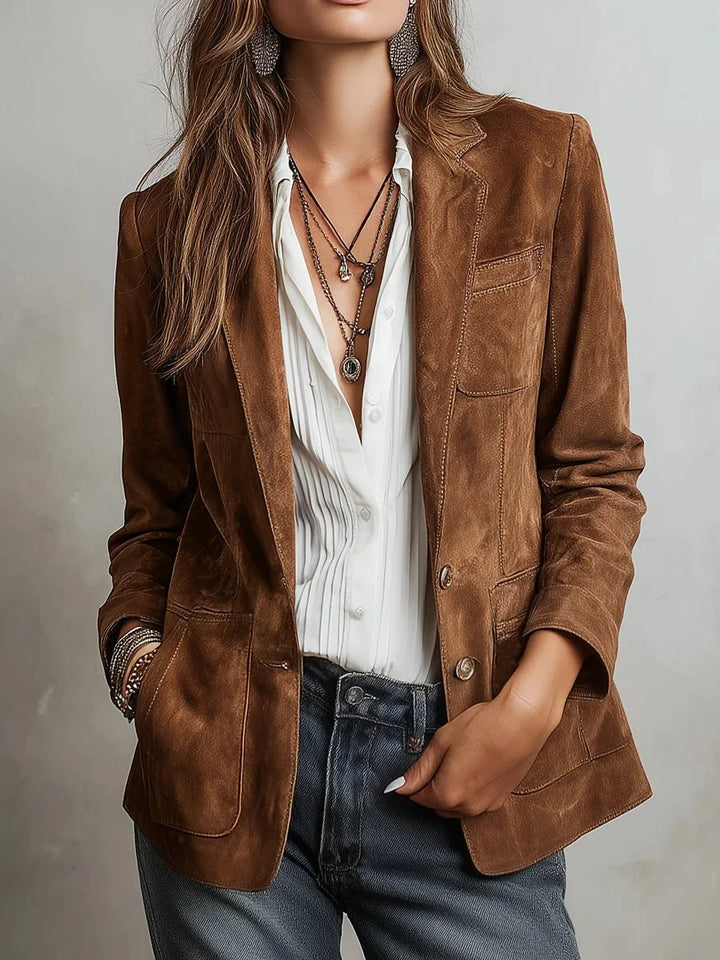 Women's Faux Suede Blazer Tailored Fit Button Front - Brown