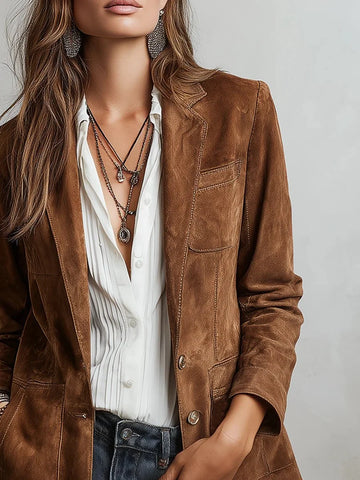 Women's Faux Suede Blazer Tailored Fit Button Front - Brown