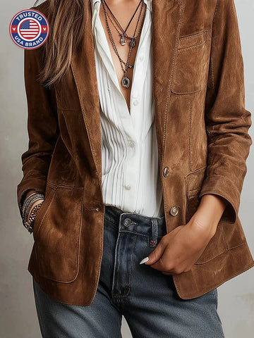 Women's Faux Suede Blazer Tailored Fit Button Front - Brown