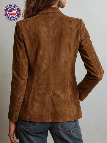 Women's Faux Suede Blazer Tailored Fit Button Front - Brown