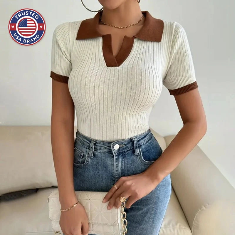 Women's Fitted Ribbed Polo Shirt Short Sleeve Contrast Trim - Apricot