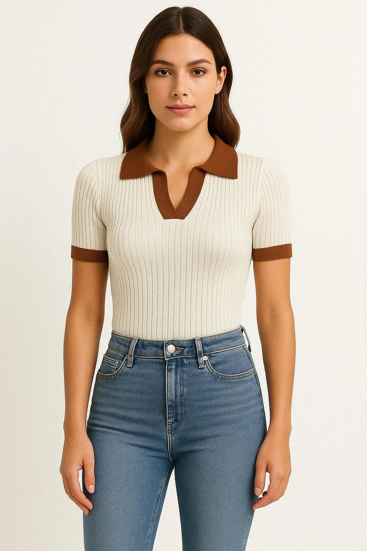 Women's Fitted Ribbed Polo Shirt Short Sleeve Contrast Trim - Apricot