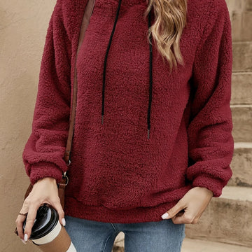 Women's comfy fleece drawstring winter hoodie in Burgundy