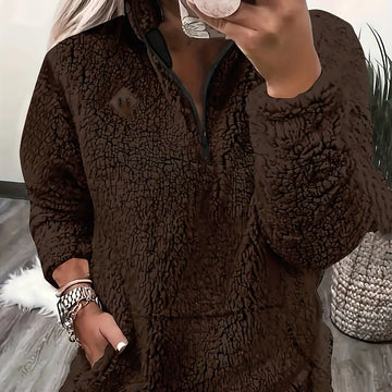 Women's winter fleece quarter zip sweater with half-zip closure in Coffee Brown
