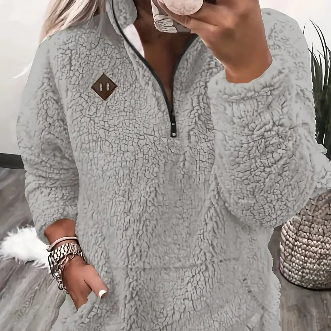 Women's winter fleece quarter zip sweater with half-zip closure in Grey