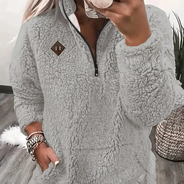 Women's winter fleece quarter zip sweater with half-zip closure in Grey