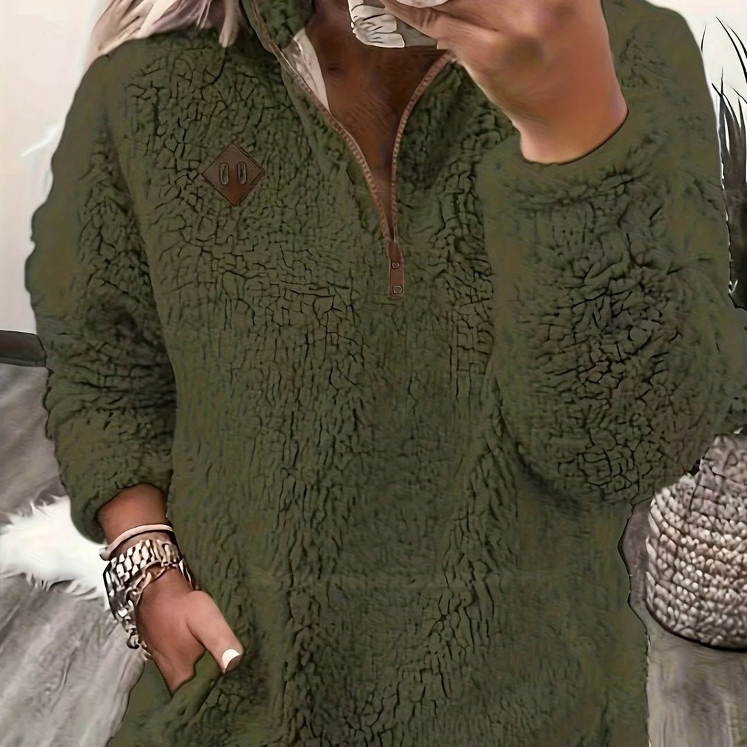 Women's winter fleece quarter zip sweater with half-zip closure in Olive Green