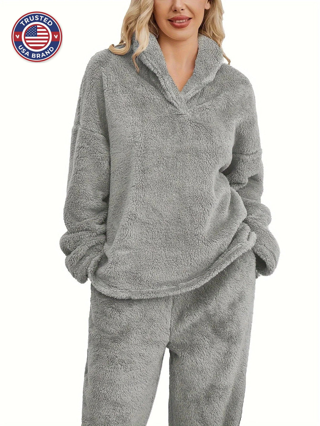 Women's fleece winter loungewear set shawl collar hoodie trousers
