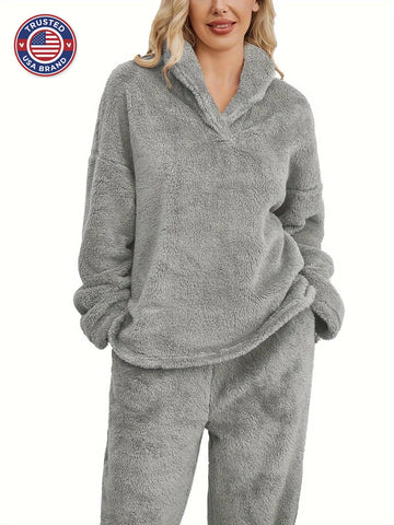 Women's fleece winter loungewear set shawl collar hoodie trousers