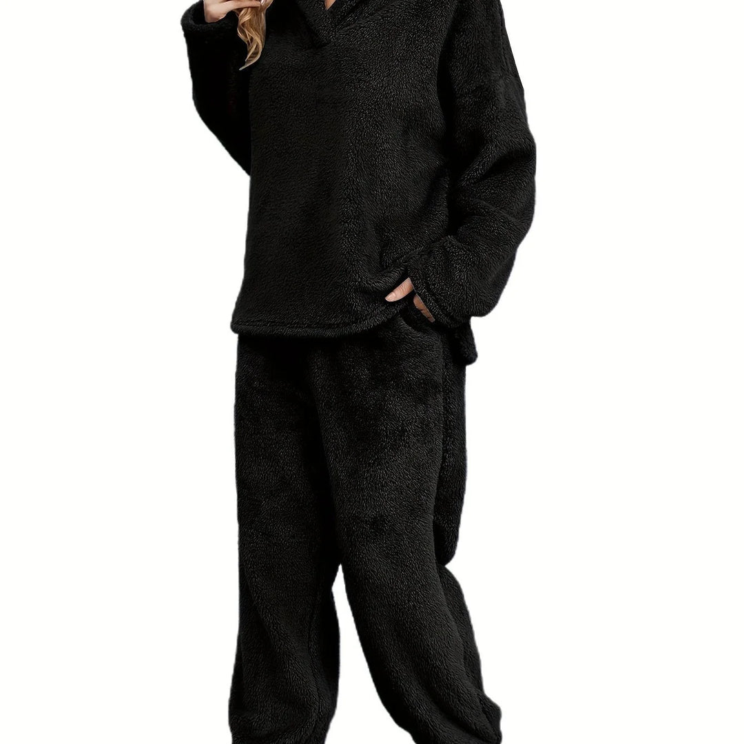 Women's fleece winter loungewear set shawl collar hoodie trousers in Black