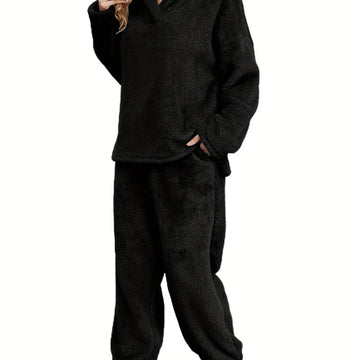 Women's fleece winter loungewear set shawl collar hoodie trousers in Black