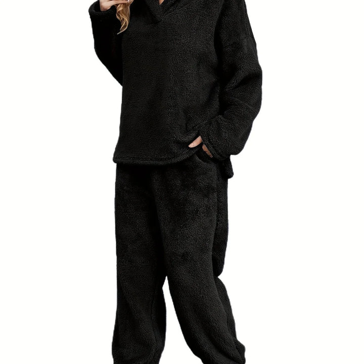 Women's fleece winter loungewear set shawl collar hoodie trousers in Black