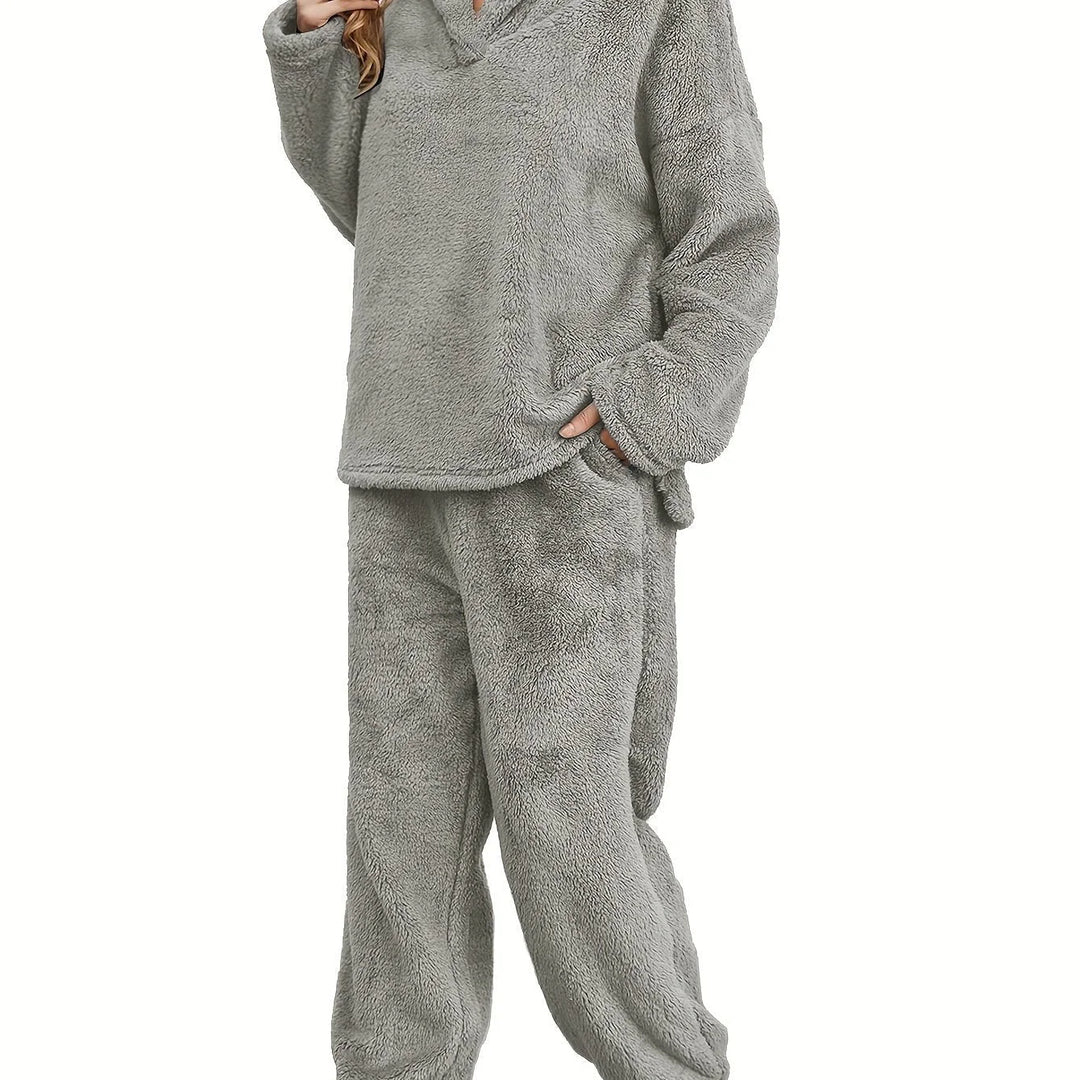 Women's fleece winter loungewear set shawl collar hoodie trousers in Grey