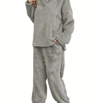 Women's fleece winter loungewear set shawl collar hoodie trousers in Grey