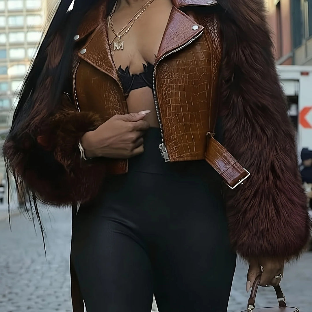 Women's fluffy faux leather short winter jacket in Burgundy