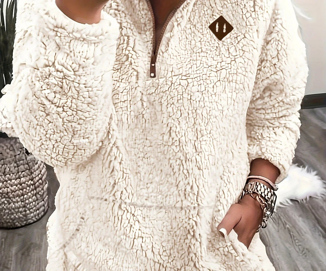 Women's fluffy half-zip winter pullover in Apricot
