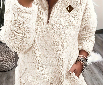Women's fluffy half-zip winter pullover in Apricot