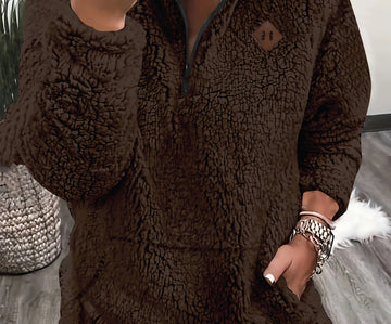 Women's fluffy half-zip winter pullover in Dark Brown