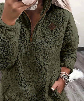 Women's fluffy half-zip winter pullover in Olive Green