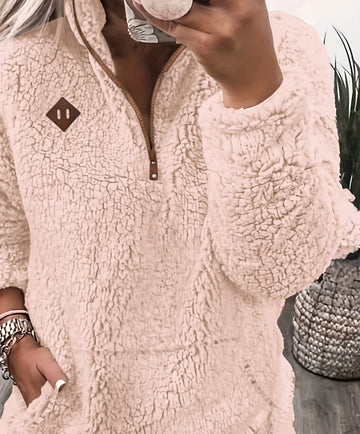 Women's fluffy half-zip winter pullover in Pink Red