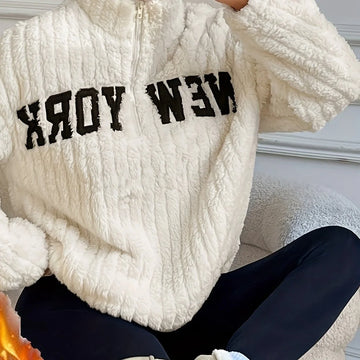 Women's fuzzy winter quarter zip sweater in Apricot