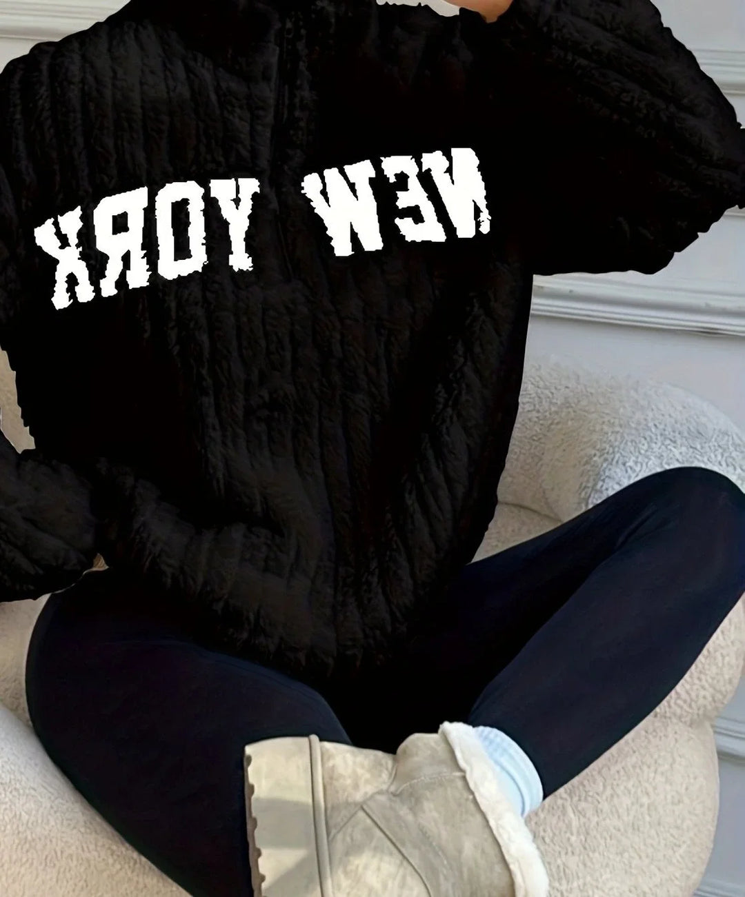 Women's fuzzy winter quarter zip sweater in Black