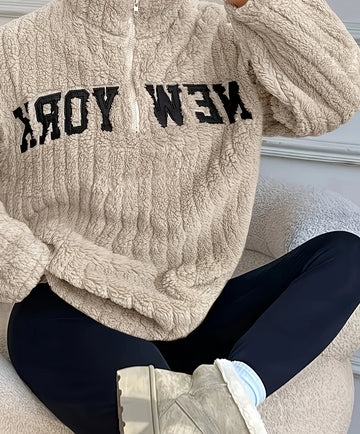 Women's fuzzy winter quarter zip sweater in Khaki