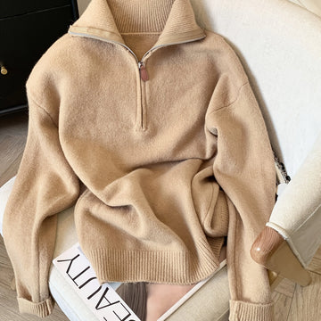 Women's stand collar winter quarter zip sweater in Beige