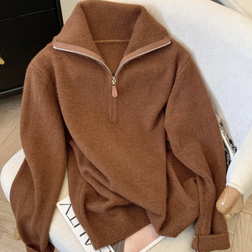 Women's stand collar winter quarter zip sweater in Coffee Brown