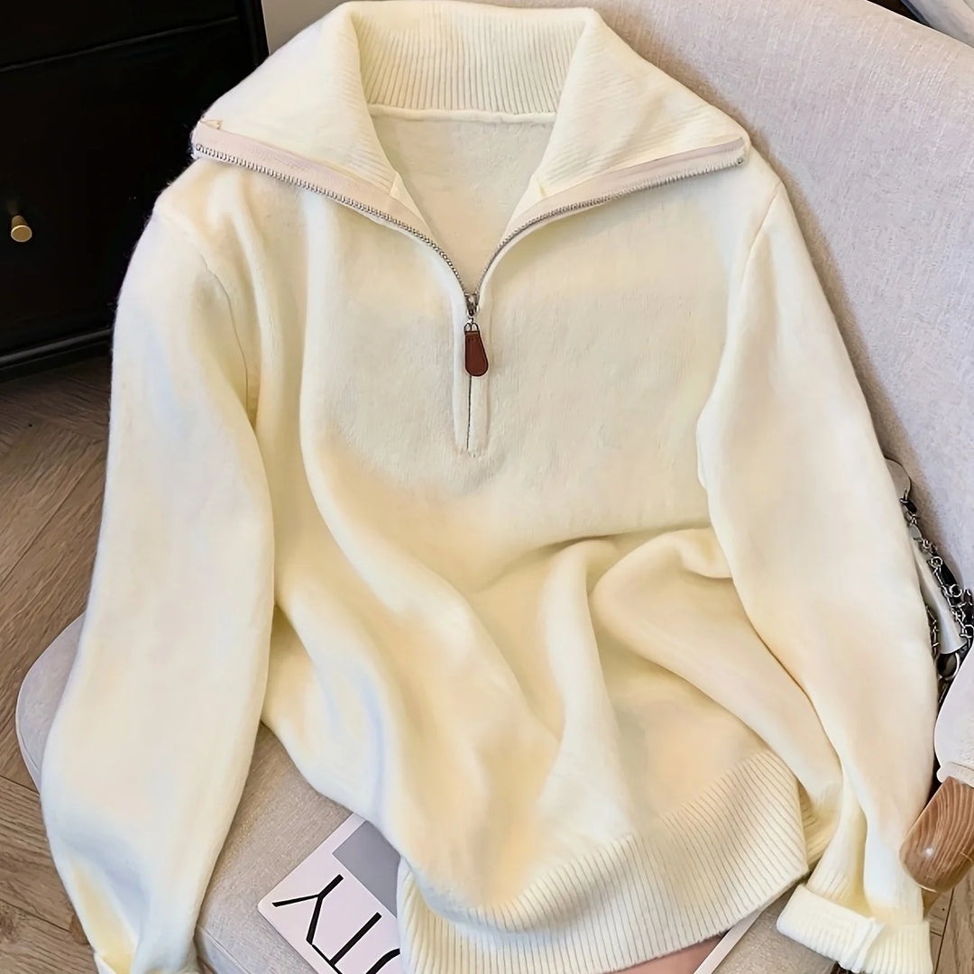 Women's stand collar winter quarter zip sweater in Cream