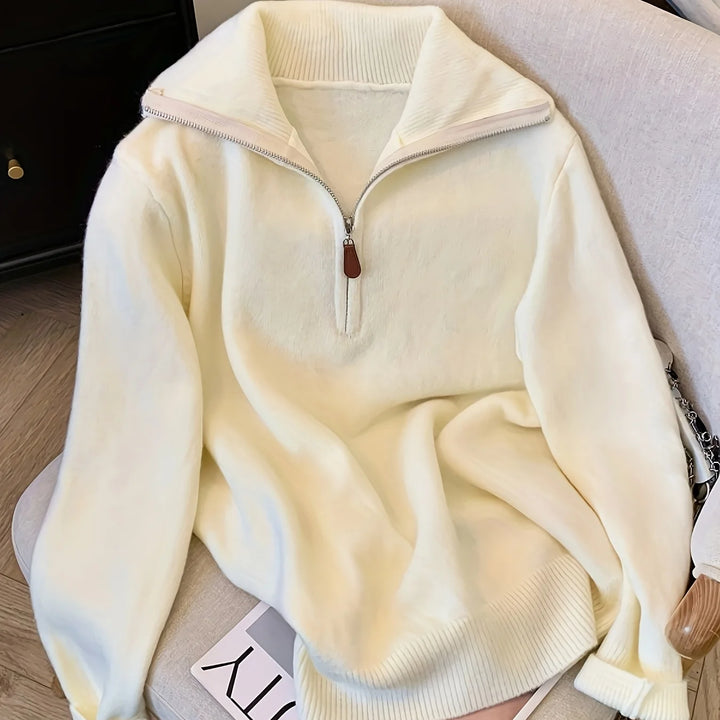 Women's stand collar winter quarter zip sweater in Cream