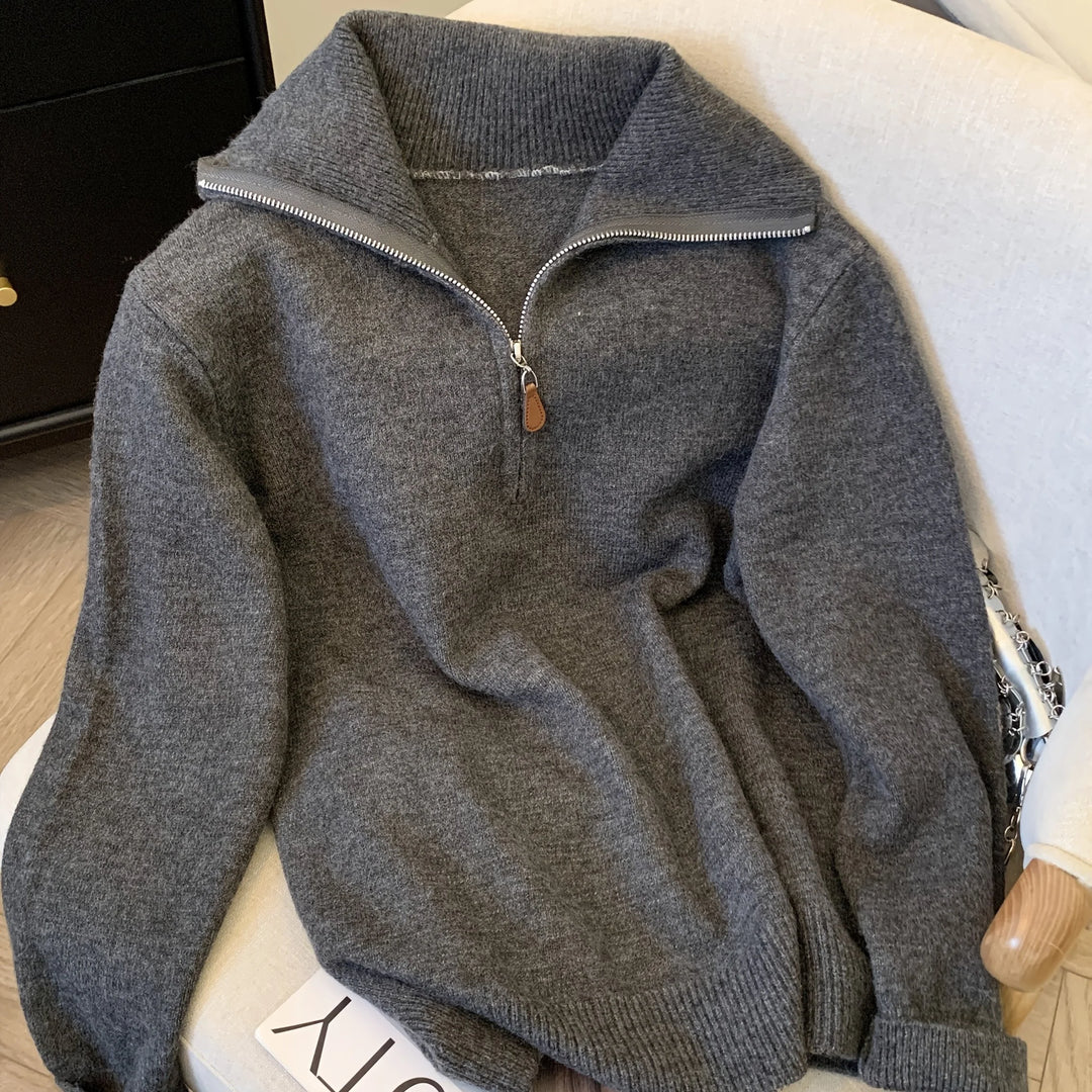 Women's stand collar winter quarter zip sweater in Dark Grey