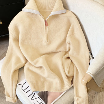 Women's stand collar winter quarter zip sweater in Wheat Yellow