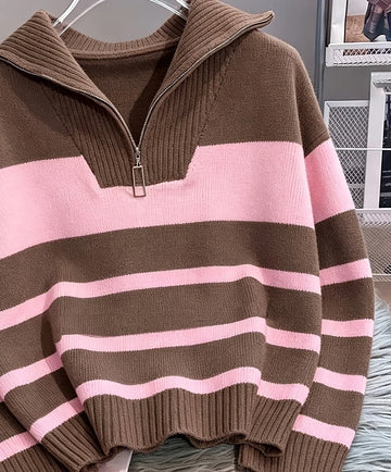 Women's striped winter quarter zip sweater in Beige and Burgundy Stripes