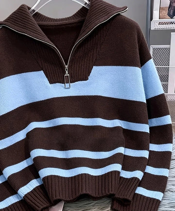 Women's striped winter quarter zip sweater in Brown and Pink Stripes