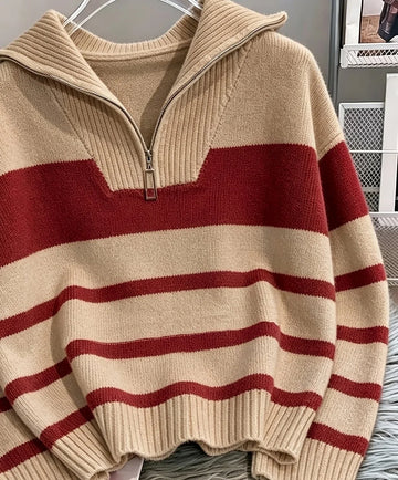 Women's striped winter quarter zip sweater in Camel and White Stripes