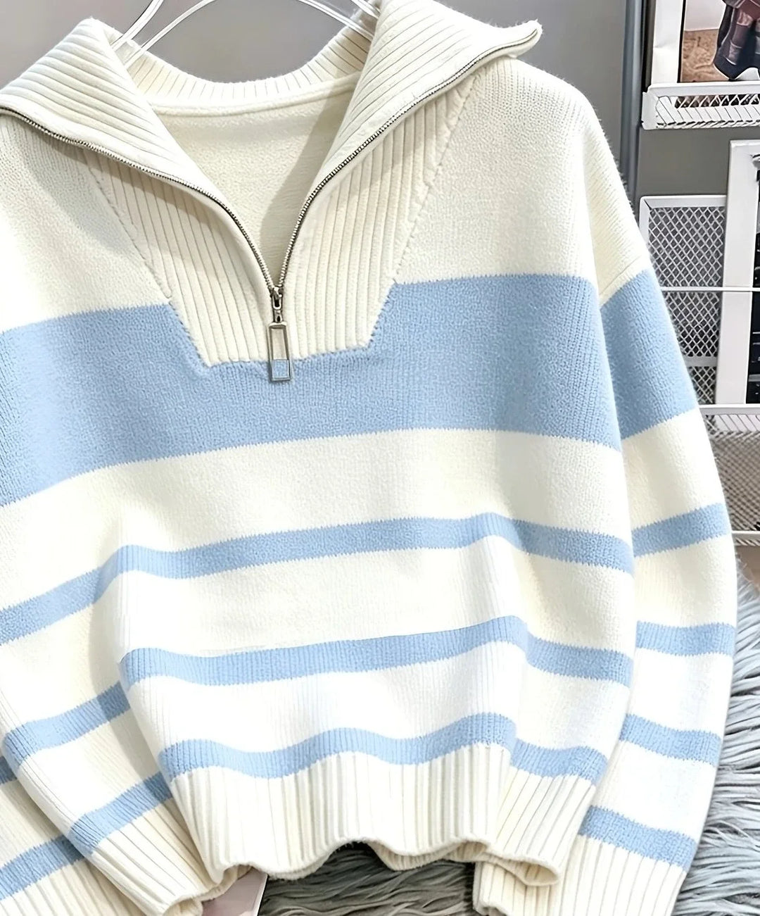 Women's striped winter quarter zip sweater in Dark Brown and Light Blue Stripes