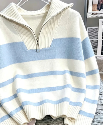 Women's striped winter quarter zip sweater in Dark Brown and Light Blue Stripes