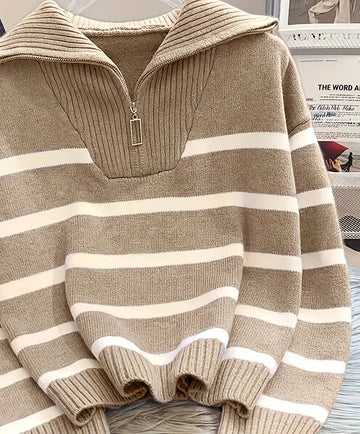 Women's striped winter quarter zip sweater in Off-White and Black Stripes