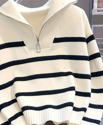 Women's striped winter quarter zip sweater in Off-White and Black Stripes