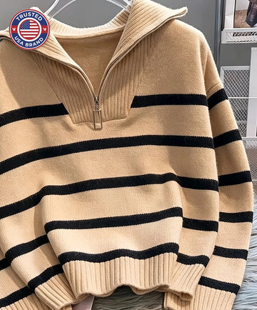 Women's striped winter quarter zip sweater in Off-White and Black Stripes