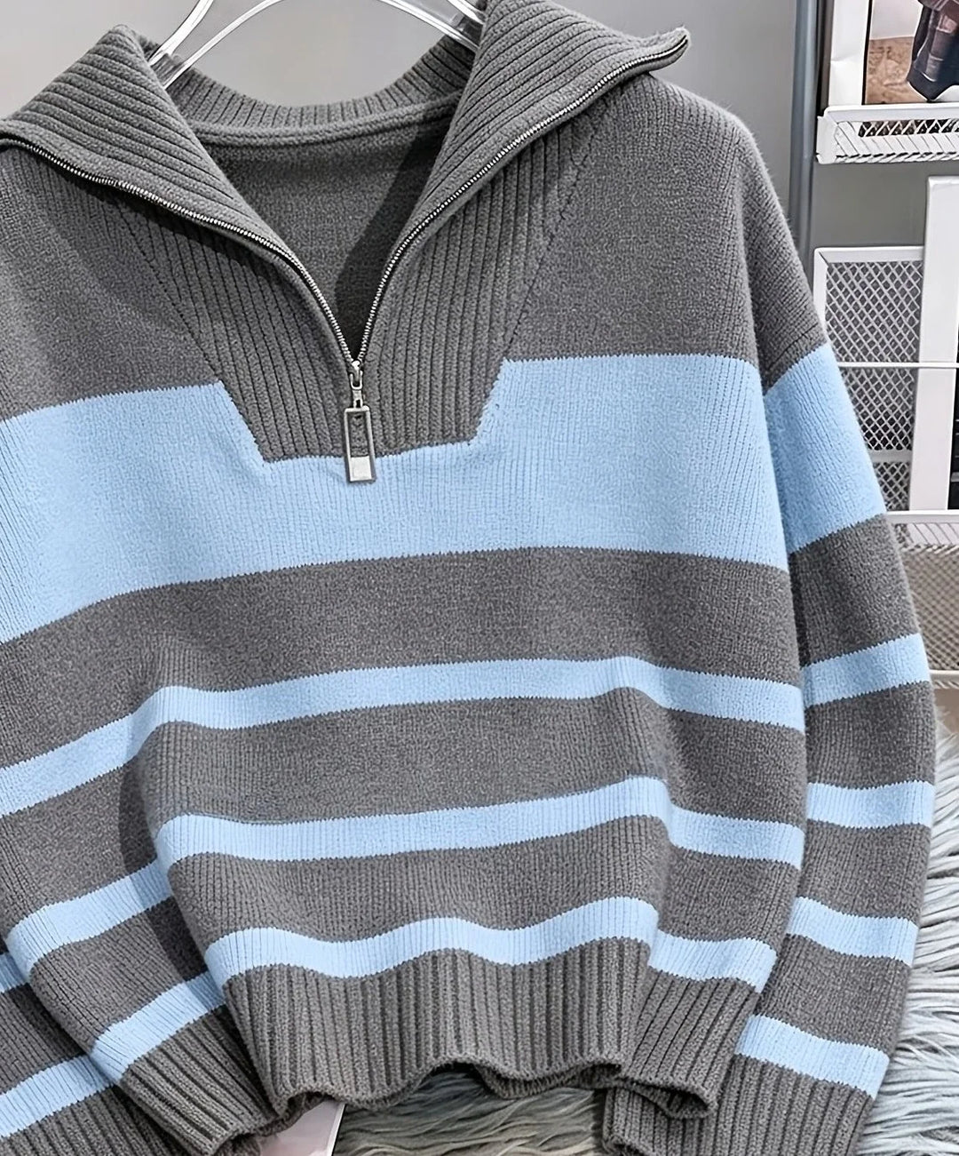 Women's striped winter quarter zip sweater in Off-White and Light Blue Stripes
