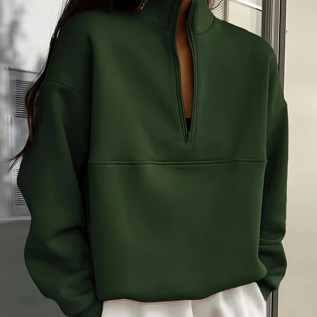 Women's winter quarter zip sweater with stand collar and half-zip closure in Dark Green