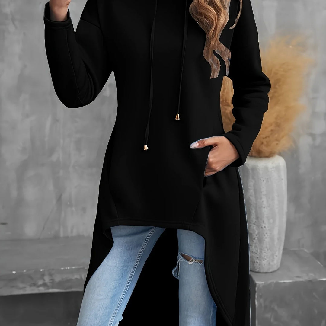 Women's comfy high-low winter hoodie with long sleeves in Black