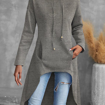 Women's comfy high-low winter hoodie with long sleeves in Grey